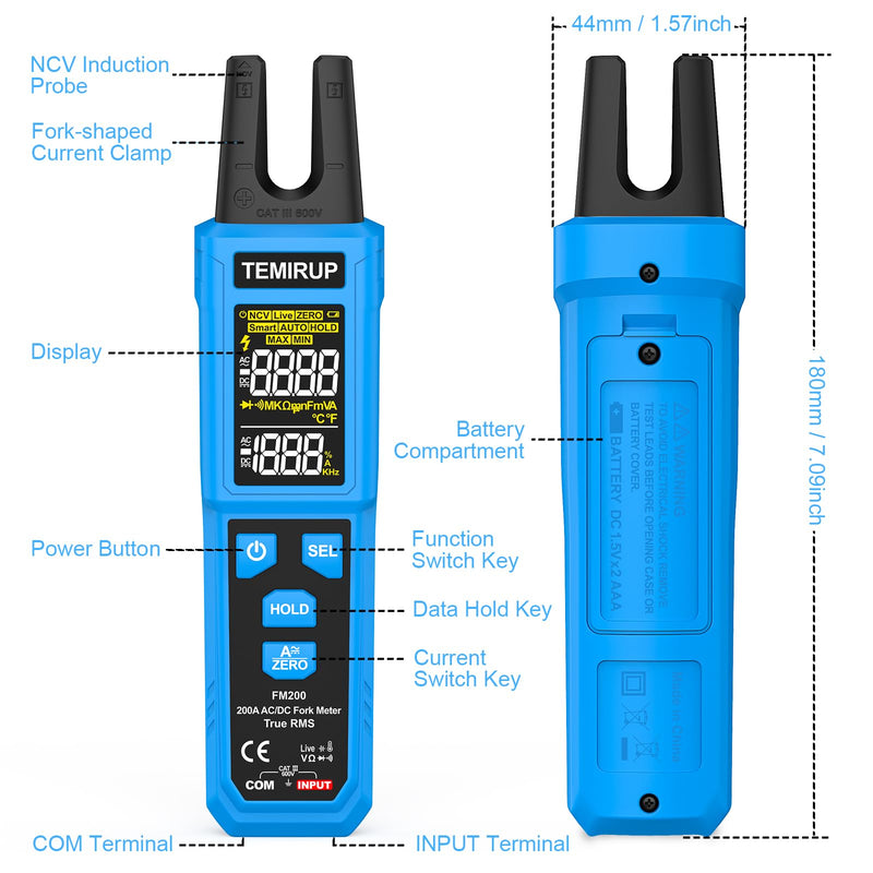 Digital Clamp Meter Multimeter with U-Shaped Jaw for AC/DC Current & Voltage, Auto-ranging 4000 Counts Voltage Tester with Large LCD Backlight, Measuring Temperature Continuity Diode NCV
