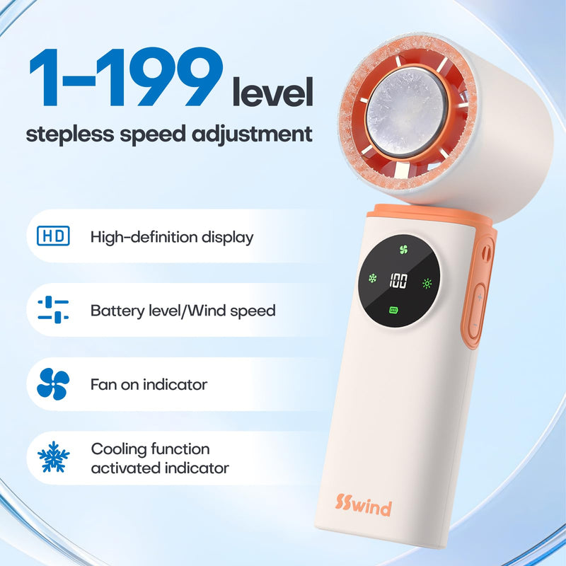 6000mAh Portable Handheld Fan with Ice Cooling, 199 Levels Stepless Speed, 20H Long Battery Life, 20000RPM Turbo Fan Rechargeable Personal Mini Fan for Travel, Outdoor, Makeup (White) White