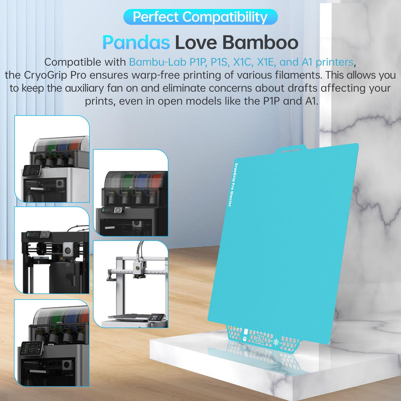 BIQU CryoGrip™ Pro Glacier 257x257mm Panda Build Plate for Bambu-Lab P1P/P1S/X1C/X1E/A1 3D Printer Double Sided Special Materials Upgrade Build Plate Removable Surface Platform CryoGrip Pro Glacier