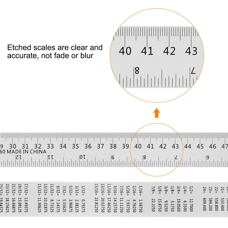HARFINGTON 3pcs 24 Inch 60cm Aluminum Metal Ruler Set with Conversion Table and Rounded Corners 24"