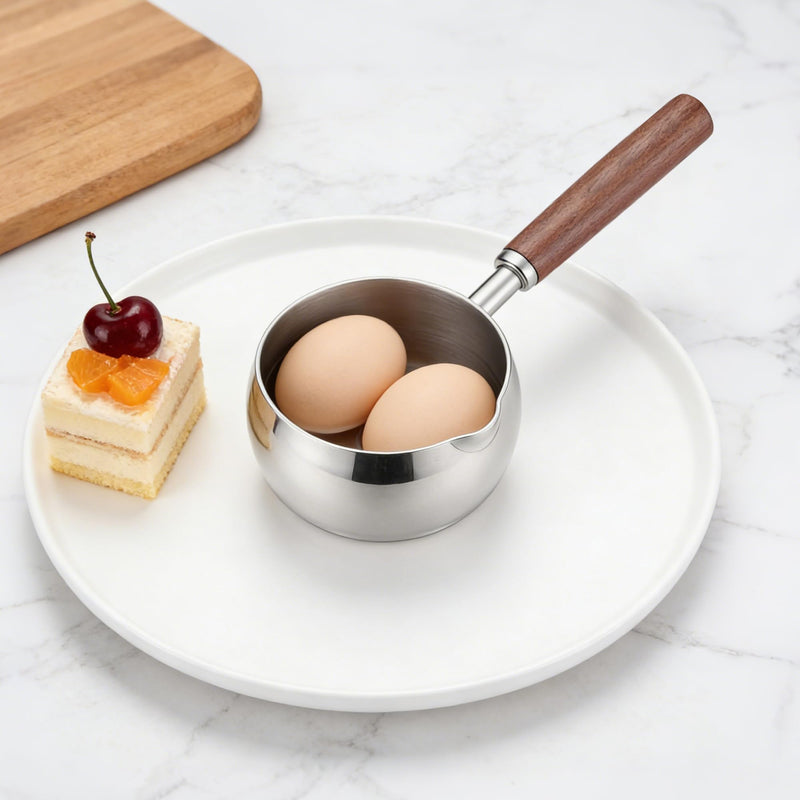 Milk Pot,500ML 17oz Stainless Steel Milk Butter Warmer Pot, Mini Sauce Pan | Milk Boiler with Wooden Handle, Heating Milk, Melting Butter, Warming Sauces