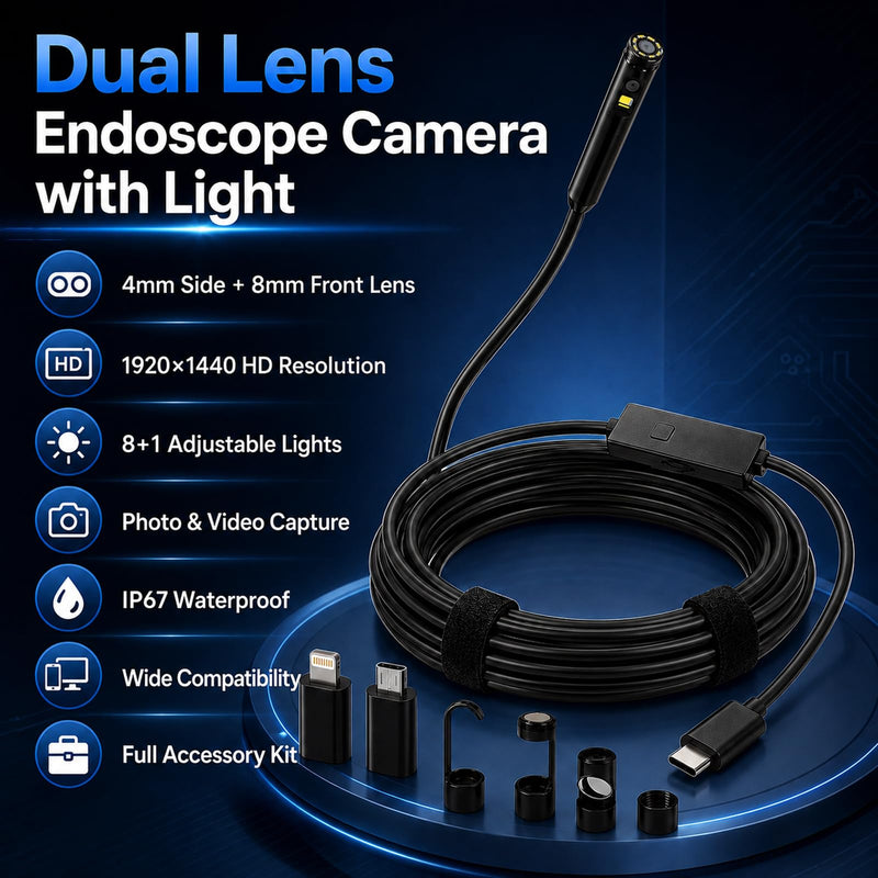 Endoscope Camera with Light 1920P HD Borescope Inspection Camera for Android & iPhone, Semi-Rigid Snake Cable with 8 LEDs, Waterproof for Sewer Pipe Automotive Inspection (Dual Lens 10m/32.8FT) 10m / 32.8FT Dual lens