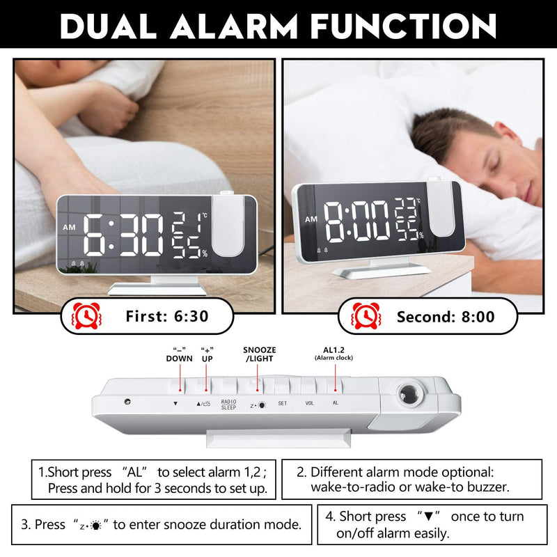 Projection Alarm Clock for Bedroom Ceiling Digital Clock Radio with USB Charger Ports, 7.3" Large LED Screen, 4 Dimmer, Dual Alarm Clock with 2 Sounds, Snooze, White