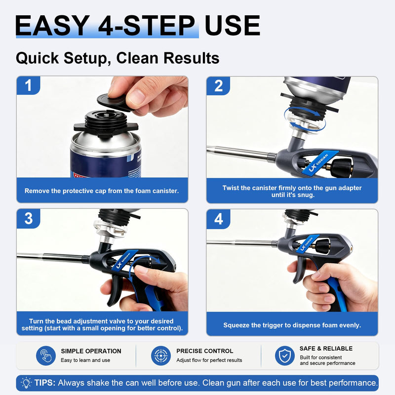 Professional Spray Foam Gun PTFE Coated Gun Body with 4 Extenders