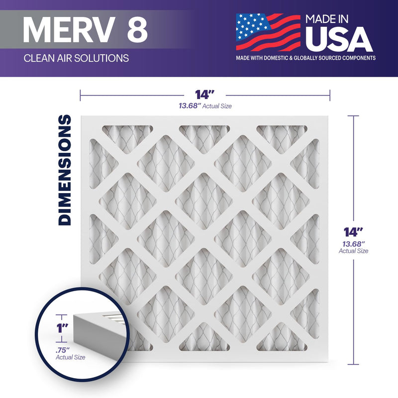BNX TruFilter 14x14x1 Air Filter MERV 8 (6-Pack) - MADE IN USA – Dust & Pet Defense Pleated Air Conditioner HVAC AC Furnace Filters for Dust, Pet, Mold, Pollen MPR 600 – 700 & FPR 5 14x14x1 6-Pack
