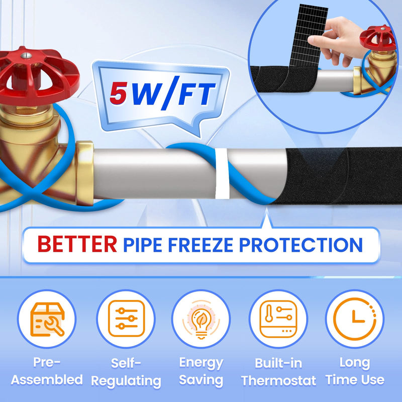 MAXKOSKO 6Feet Water Pipe Heat Trace Kit with Thermostat for Pipe Freeze Protection, 8.2 Ft x 2 In Self-Adhesive Outdoor Water Pipe Insulation Tape for 120V Electric Pipe Heat Cable Anti-freeze 6-Feet