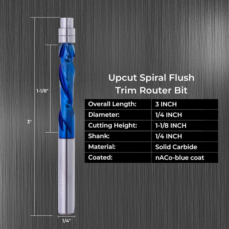 2 Pcs Compression Cut Spiral Flush Trim Router Bit, 1/4" Dia.1-1/8" Cut Length 1/4SHK.& 3" OAL, Up&Down Cut Solid Carbide CNC Bit with Nano Coating for Wood Trimming 2