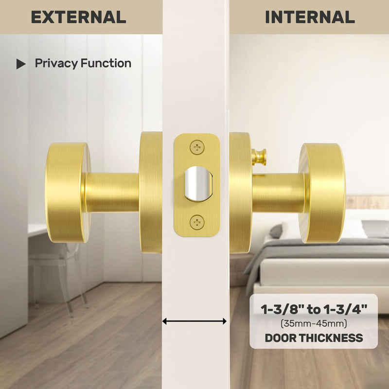 Gold Door Knob Privacy Door Knobs Interior Satin Brass Door Knobs Modern Round Door Handles for Bedroom and Bathroom Brushed Gold Door Knob 1 Pack Privacy
