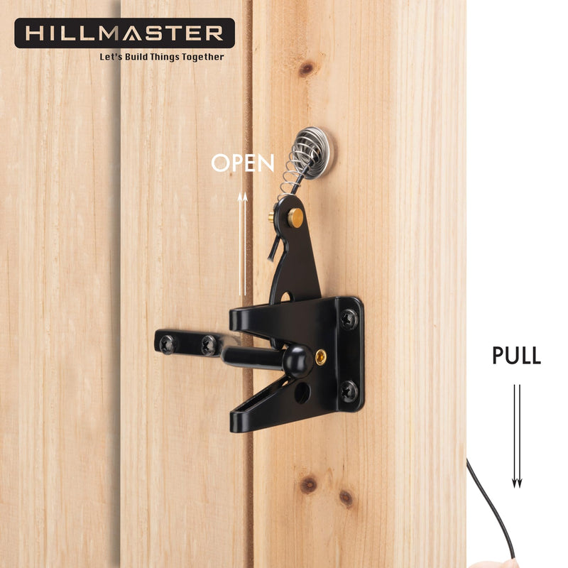 Self Locking Gate Latch for Wooden Fence Heavy Duty,Gravity Lever Fence Door Latches with Steel Spring Cable Pull String Gate Hardware Gate Lock for Outdoor Secure Pool,Garden,Black Finish 1 Pack