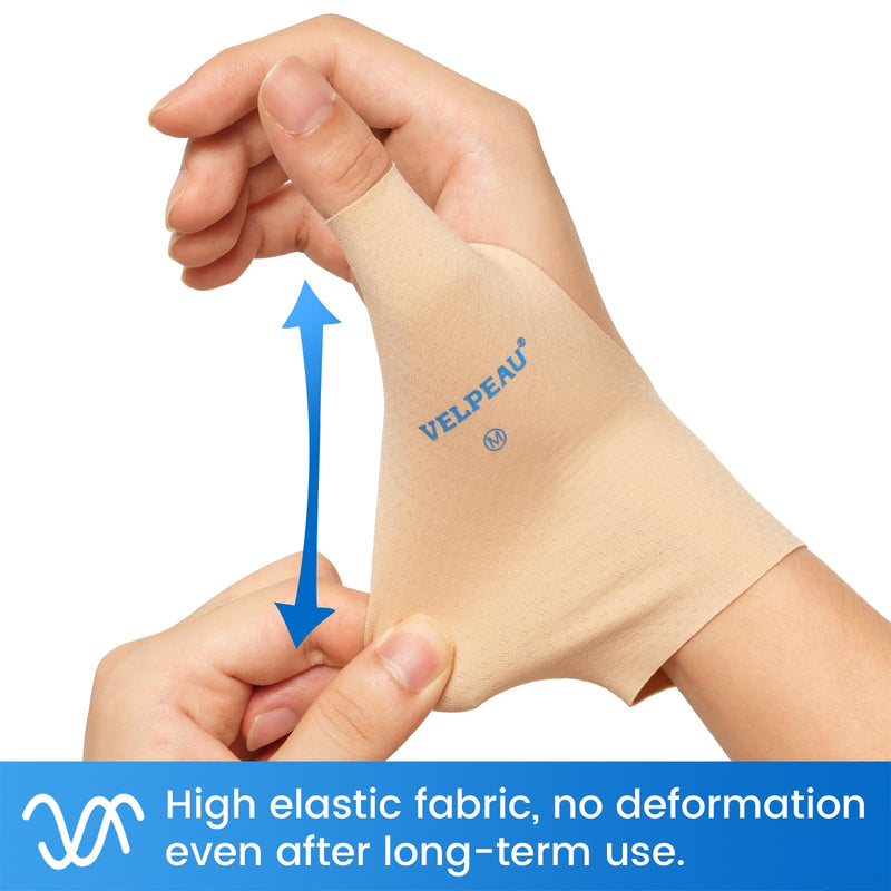 VELPEAU Elastic Thumb Wrist Support Brace (Pack of 2), Splashproof Compression Sleeve for Arthritis Pain, Tendonitis, Sprains, Sports, Splint Liner, Fits Left & Right Hands (Long Version - Khaki, Medium) Long Version - Khaki