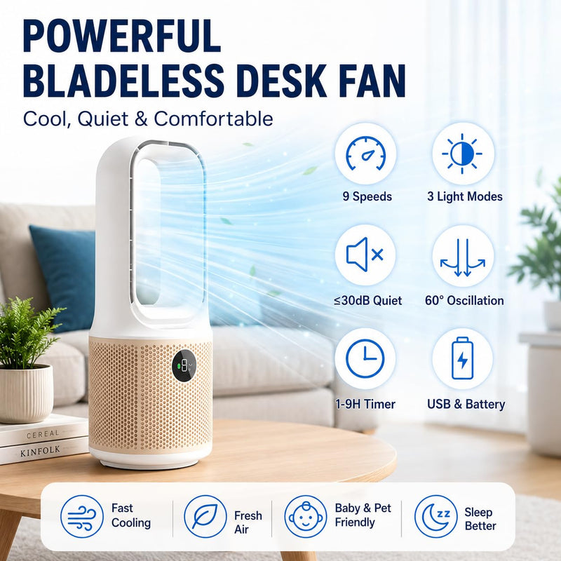 Bladeless Desk Fan, USB Rechargeable, Quiet, 9 Speeds, 60° Oscillation 13 inches
