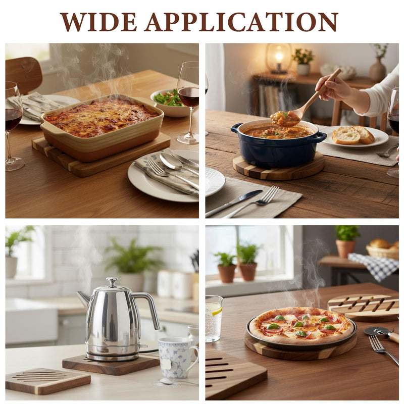4 Pcs Acacia Trivet Mat Set 5.8inch 7inch Thicken Acacia Wood Hot Pads Trivets Heat Resistant Pads for Hot Dishes Pot Bowl Teapot, 2 Square 2 Round