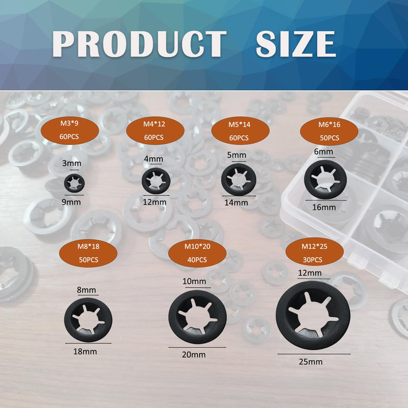 350 Pcs Internal Tooth Starlock Locking Washers, Push On Speed Clips Fasteners Washers Assortment Kit, Quick Speed 65Mn Black Clips Lock Washers GL014 - M3/M4/M5/M6/M8/M10/M12