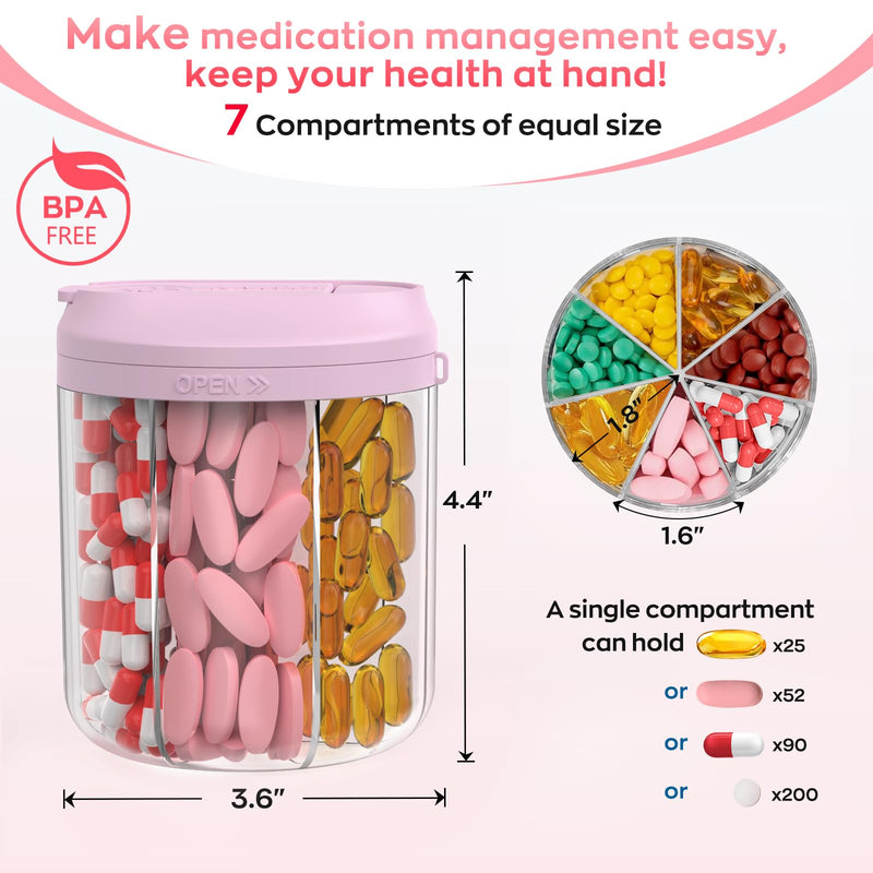 Pill Dispenser with 7 Large Compartments, Pill Organizer for Travel, Supplement Organizer with Anti-Mixing Design, BPA-Free Pill Container with 20 Pcs Labels, Blue+Pink Pink+blue