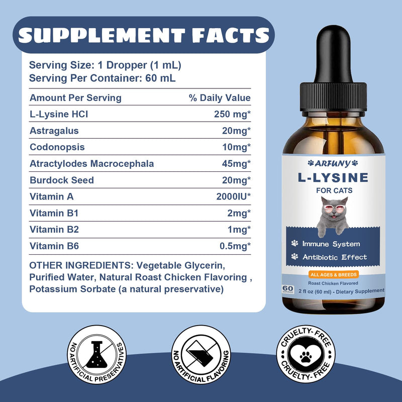 Lysine for Cats - 2 Packs Cat Lysine Drops - Sneezing Treatment, Nasal Relief - Feline Upper Respiratory Infection, Runny Nose, Eye Function - Immune Support - Roast Chicken Flavor