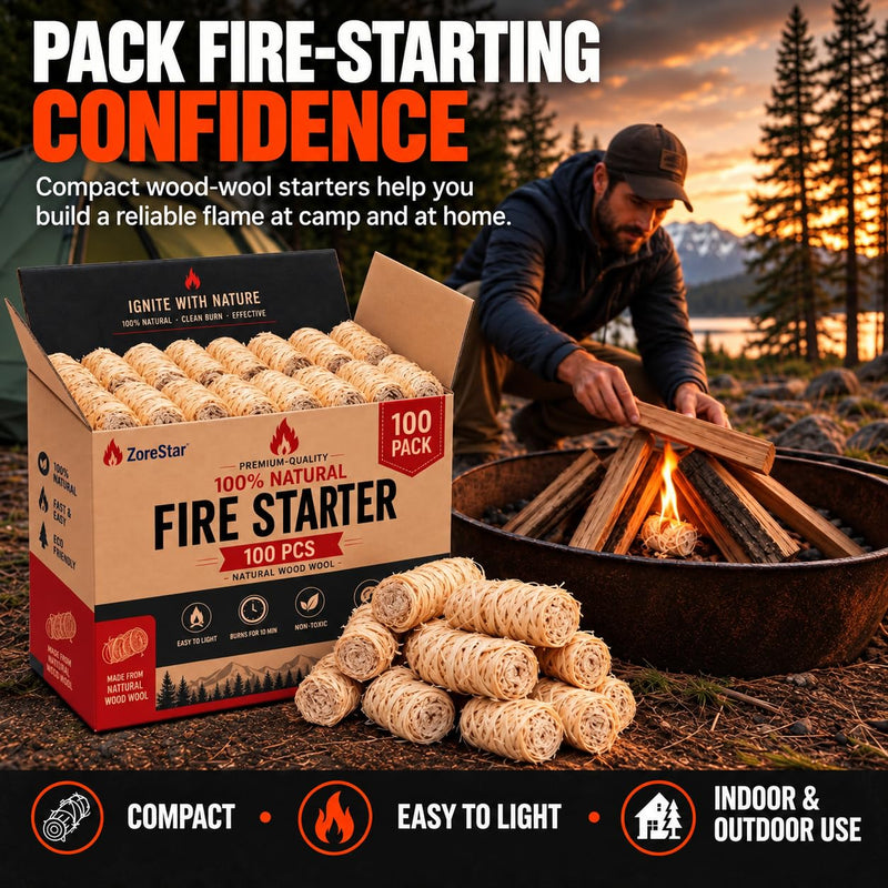 Fire Starters for Woodstoves - XXL Pack of 100 Charcoal and Wood Fire Starters for Quick Ignition - Ideal for Campfires, Fireplaces, Grills, Fire Pits - Reliable Outdoor Fire Starter Kit 100pcs