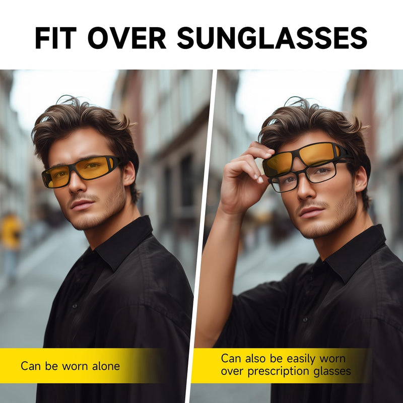 Night Driving Glasses Fit Over Eyeglasses for Men Women, Anti-glare Polarized Wrap-Around Night Vision Glasses A01-black Frame/Night Vision Lens