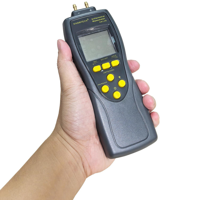 VA110 Manometer HVAC Gas Pressure Tester Pressure Differential Gauge – 35PSI/241.3kPa High Accuracy Meter with Data Storage, Auto Shut-Off, and Backlit LCD for Automotive & HVAC Systems