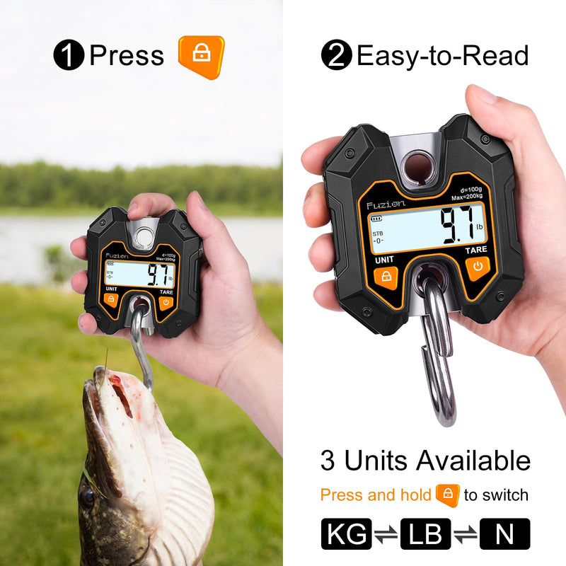Fuzion Mini Crane Scale - Hanging Scale 440lb/200kg/1960N, Deer Scale with Large LCD Display, Hold & Tare Functions for Hunting, Farms, Fishing, No Setup Required Black+Orange
