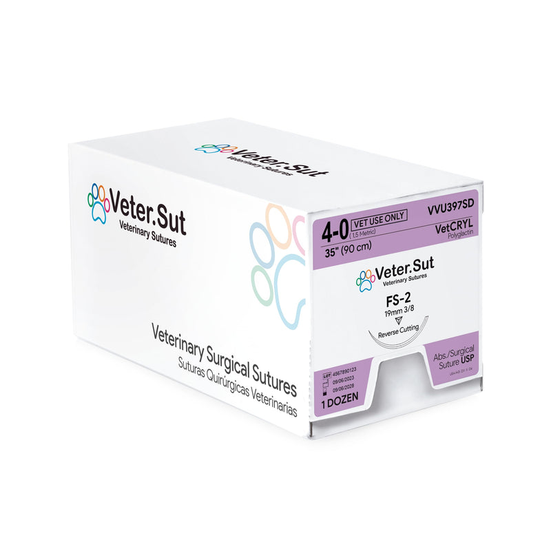 VeterSut VetCRYL Absorbable Polyglactin Surgical Suture USP Size 4-0, (FS-2) 3/8 19mm Reverse Cutting Needle, 36 Inches (90 cm), 12 Count, Veterinary Use