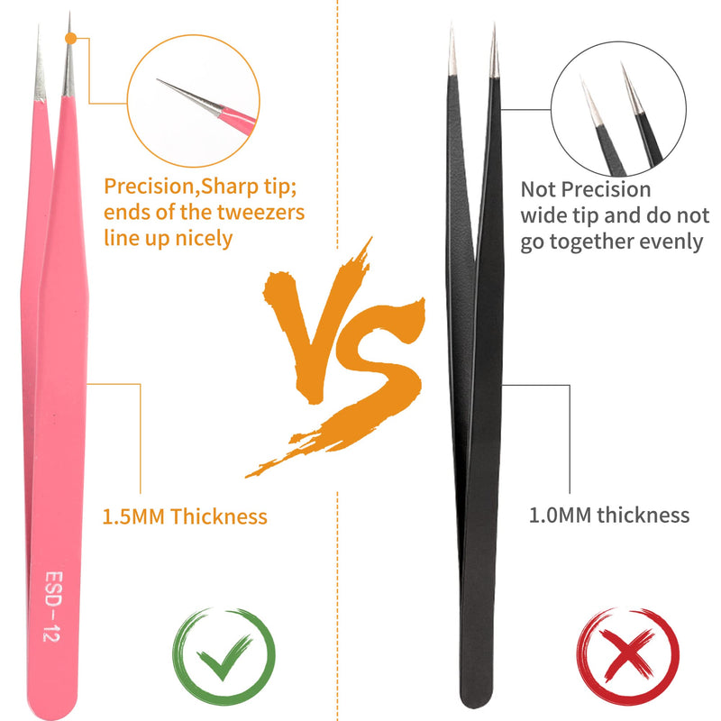 Pink Precision Tweezers 6PCS Set, Upgraded Anti-Static Stainless Steel Curved of Tweezers for Women, for Electronics, Laboratory Work, Jewelry-Making, Craft, with Storage Bag Pink