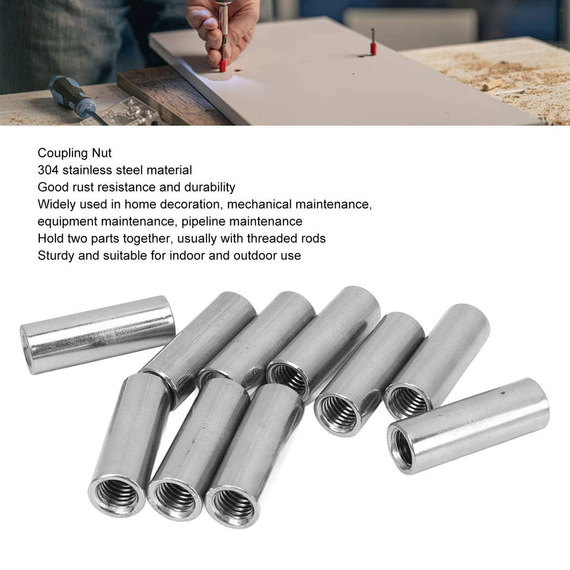 10 Pcs Round Coupling Nut M10 x 1.5 Female Thread 14mm Outer Diameter 40mm Length 304 Stainless Steel Silver Round Rod Coupling Nuts M10 x 1.5 40mm