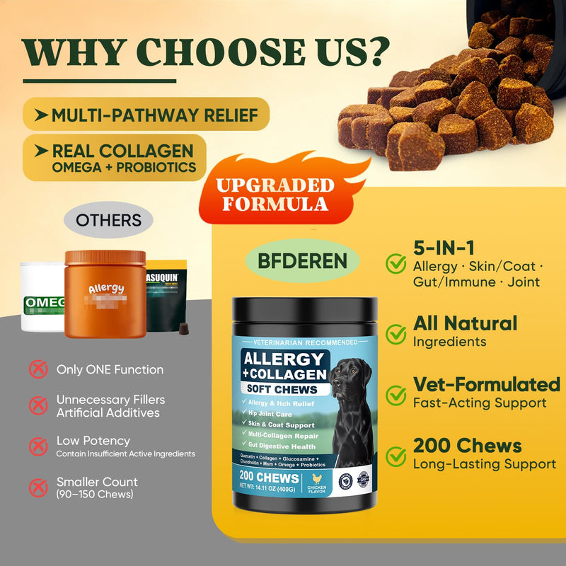 Dog Allergy Chews is Collagen Omega 3 Human Anti Itch Relief for Dogs Multivitamin Itching Skin Relief and Aller Immune Pet Allergy Chews Coat Licking Supplement Pills Meds Treats 200 Bites for Dogs 2 g/capsule 200pcs