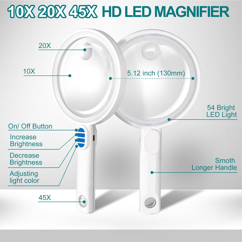 Large Magnifying Glass with Light 5.12" Rechargeable Magnifier with 5 Color Modes & 20 Level Brightness, 10X 20X 45X Handheld Magnifying Glass for Seniors Reading Coin Inspection