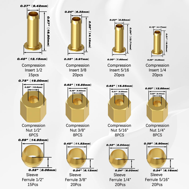 180PCS Compression Fittings Assortment kit - 4 sizes (1/4", 3/8", 5/16", 1/2") of Brass Compression Sleeve Ferrule, Insert and nuts - used to connect lines for air,water,fuel,oil and inert gases 180pcs 4 Size Kit - NewNest Australia
