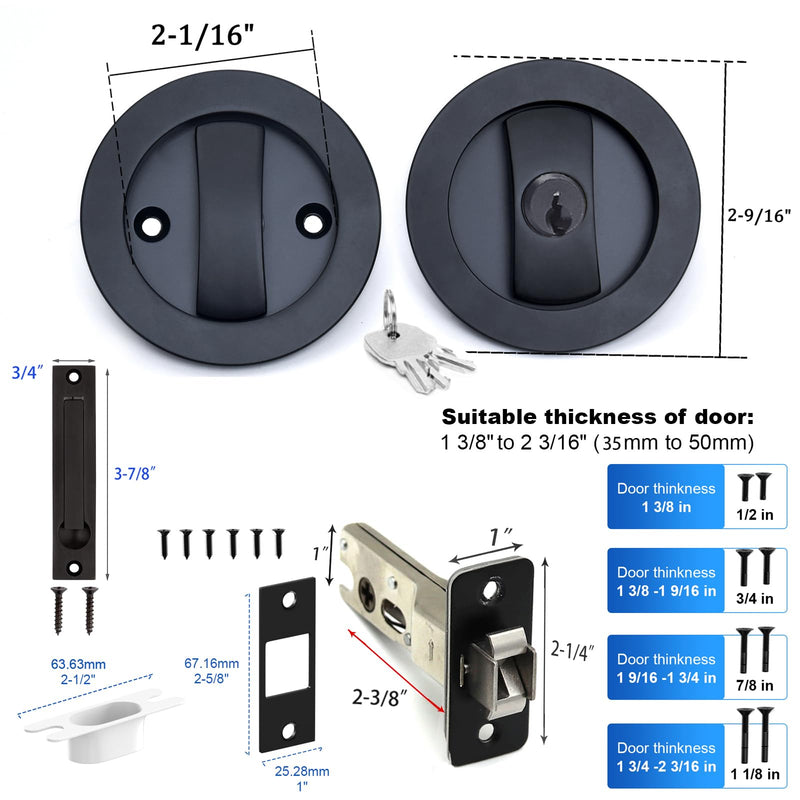 Dontay Pocket Door Lock with Key, Contemporary Entrance Sliding Barn Door Lock Latch, Recessed 2 Sided, 2 3/8" Backset, Flush Handles Hardware(Including Edge Pull,Matte Black,Round - 2 Pack)