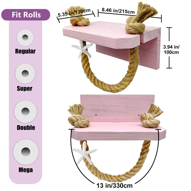 Mermaid Toilet Paper Holder - Pink Beach Coastal Rope Bathroom Decor with Starfish Wall Mount, Farmhouse Tissue Holder with Wood Shelf, Rustic Towel Rack Bathroom Accessories