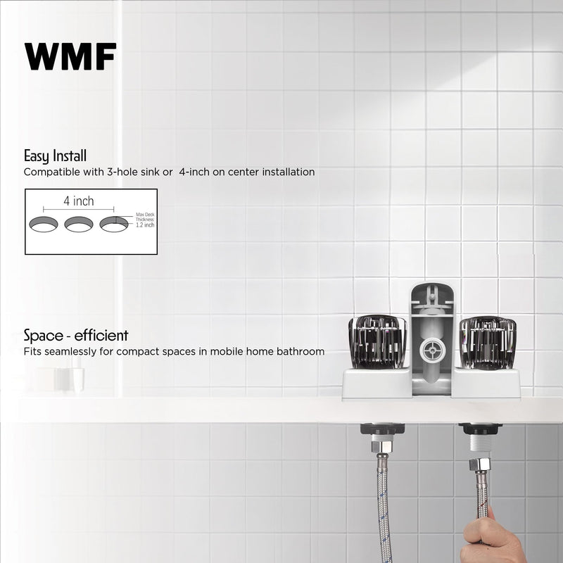 WMF Mobile Home RV Tub & Shower Faucet, Smoke Double Handles, 4" on Center, Non Metallic, for Travel Trailers, Campers Must Haves, Motorhomes Accessories, Farmhouse White