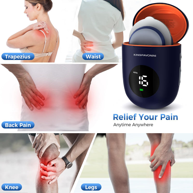 KingPavonini Wireless TENS Unit, Muscle Stimulator for Pain Relief, Portable Rechargable TENS EMS Machine, LED Screen, Remote, Dual Channel 6 Modes 16 Intensity Massager, Charging Case (4 Pads) Blue