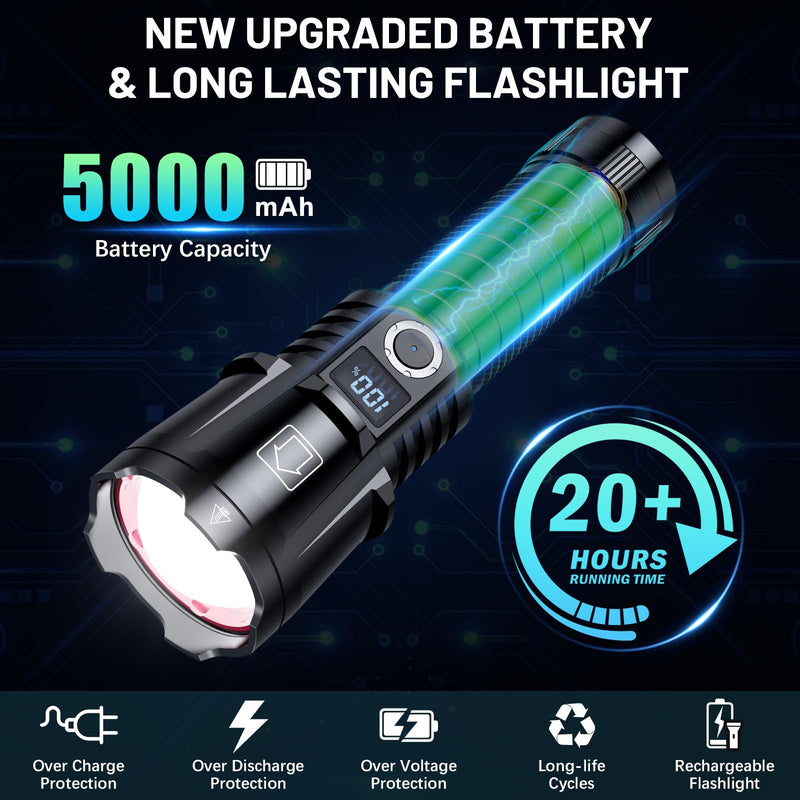 Rechargeable Flashlights 4000.000 High Lumens, Super Bright Flashlight High Powered Tactical Flashlight, 6 Modes with LCD Power Display, Zoomable, Waterproof Handheld Flash Light for Emergency
