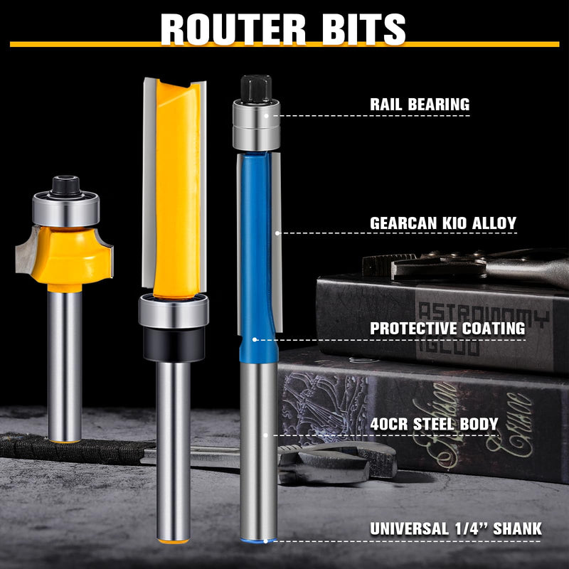 12 Pcs Router Bits Including 4 Flush 4 Roundover 4 Pattern Flush Trim Router Bits, All 1/4 Shanks, Ideal for Cutting on Wooden Materials, 4 Sizes, 3styles