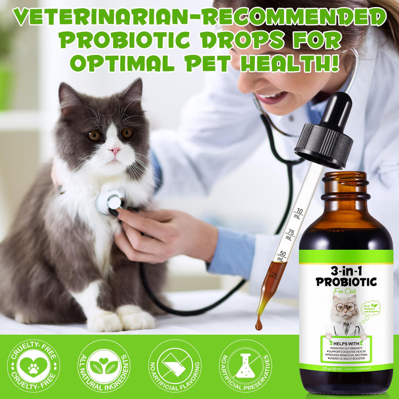Probiotics for Cats, Cat Probiotic with Prebiotic and Enzymes, 3 in 1 Cat Probiotic Drops, Cats Probiotics Supplement Help Digestive Support Gut Health 1 Pack