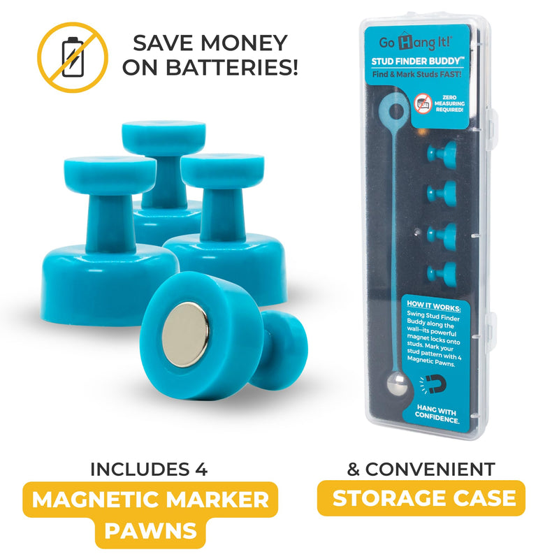 Go Hang It! Magnetic Stud Finder Buddy - Pendulum Stud Magnet with 4 Marking Pawns for Drywall, No Batteries, Finds Studs Fast for TV Mount, Shelves, Gallery Walls