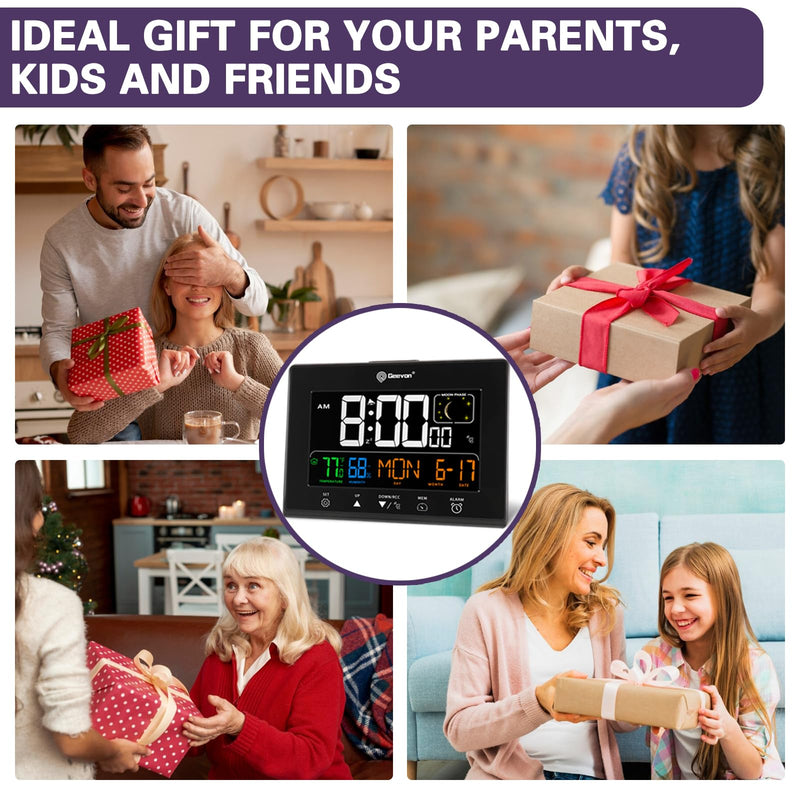 Geevon Digital Atomic Alarm Clocks for Bedrooms, Color VA Display Atomic Clock with Indoor Temperature and Humidity, DST, Dimmable Backlight, 2 USB Ports, Calendar, and Moon Phases