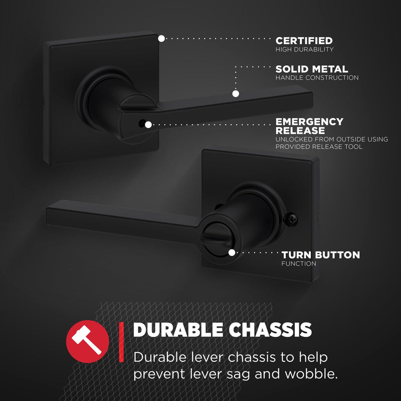 Kwikset Casey Interior Privacy Door Handle with Lock, Door Lever For Bathroom and Bedroom, Matte Black Reversible Keyless Turn Lock, with Microban Protection 1 Pack