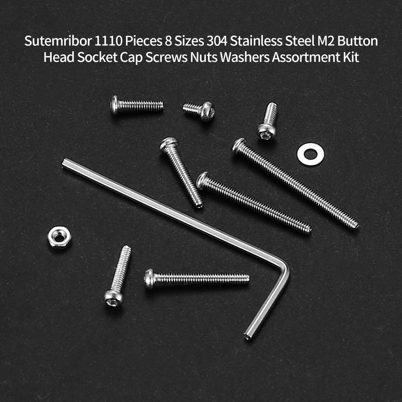 1110 Pcs M2 Screws Kit, M2 Machine Screws and Nuts and Washers Set, Assorted Stainless Steel Button Head Socket Cap Screws Nuts and Bolts Assortment Kit, Metric Screw Assortment, Fully Threaded 1110