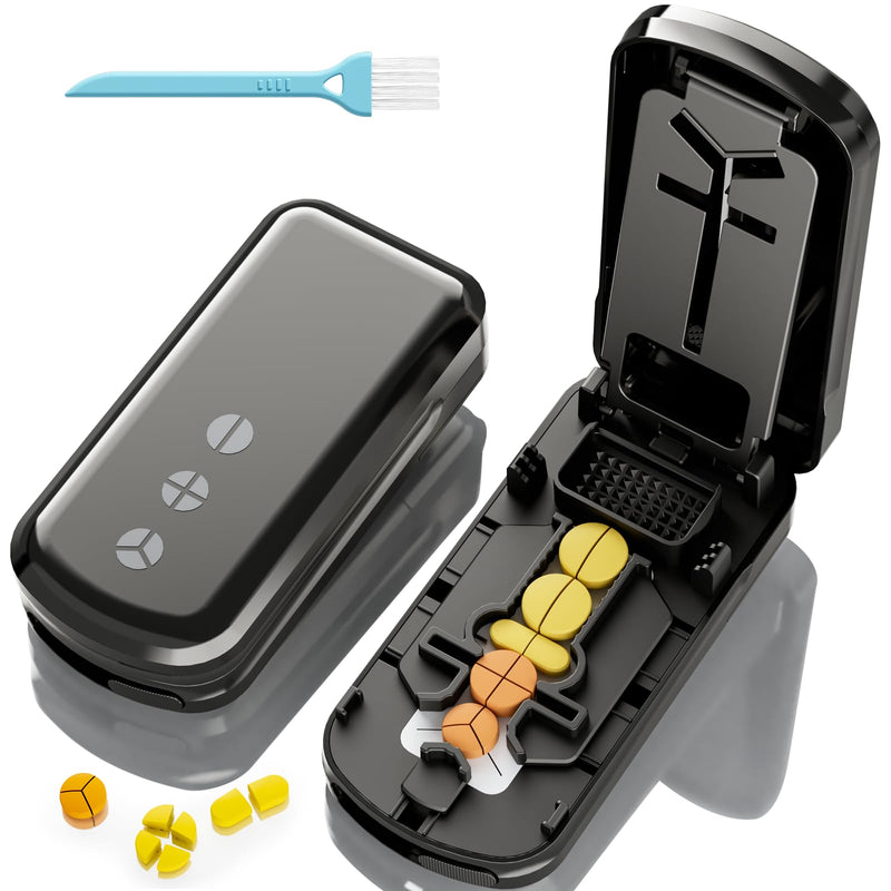 Pill Cutter Splitter for Small and Tiny Pills, 1/2 1/3 1/4 Pill Splitter for Small Pills,Vitamins, Tablets in Half or Quarters, Accurate and Easy Cutting, Stainless Steel Blade, Back Storage (Black) Black