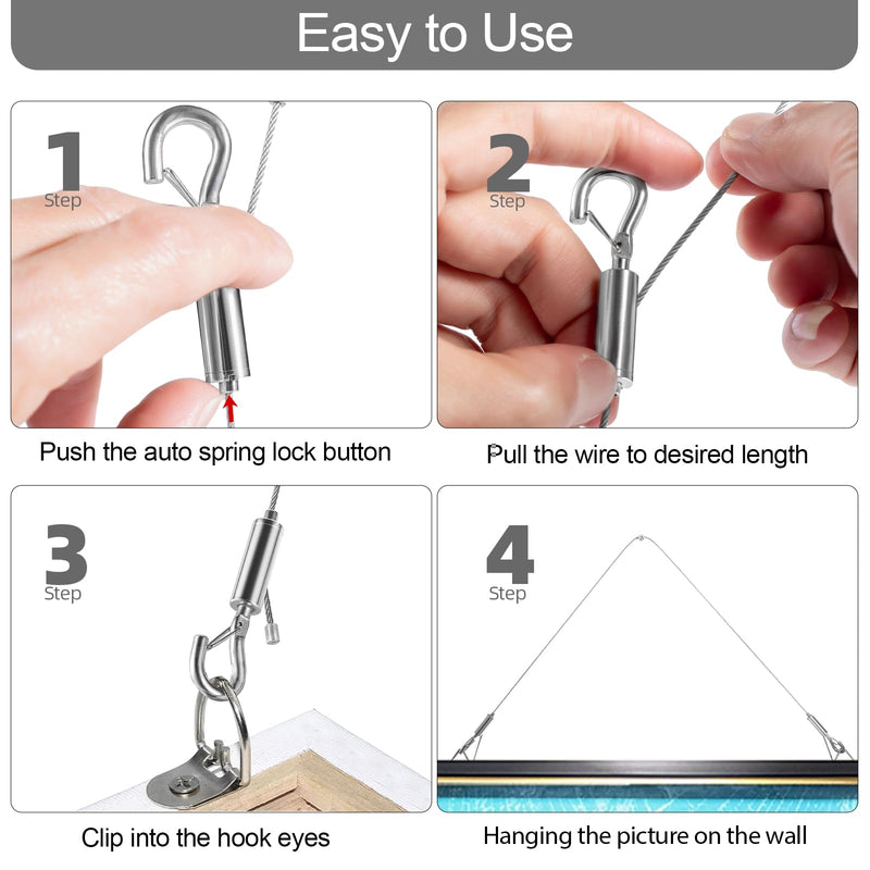 2Pcs Adjustable Picture Hanging Wire, Upgrade Mirror Frame Hanging Kit, 6.6FT Heavy Duty Stainless Steel Wire Rope, Supports Up to 100lbs