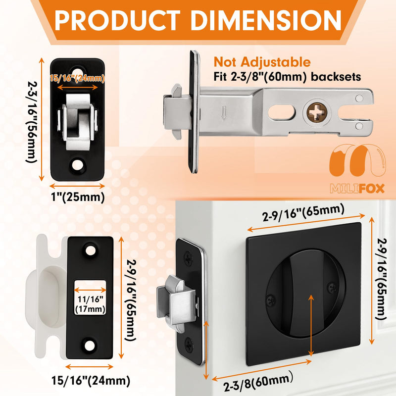 Pocket Door Lock, Pocket Door Hardware, Matte Black Privacy Lock with Edge Pulls for Bath, Bed, Kitchen, Fits 1-7/32” to 2” Thickness Door, 2-3/8" Backset
