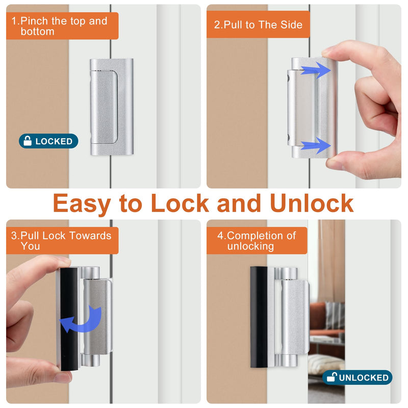 2 Pack Home Security Door Lock,Childproof Door Reinforcement Lock,with 3" Stop Withstand 800 lbs,for Inward Swing Doors,Night Kids Safety Metal Flip Lock Deadbolt Latch (Silver) 2Pack-Silver