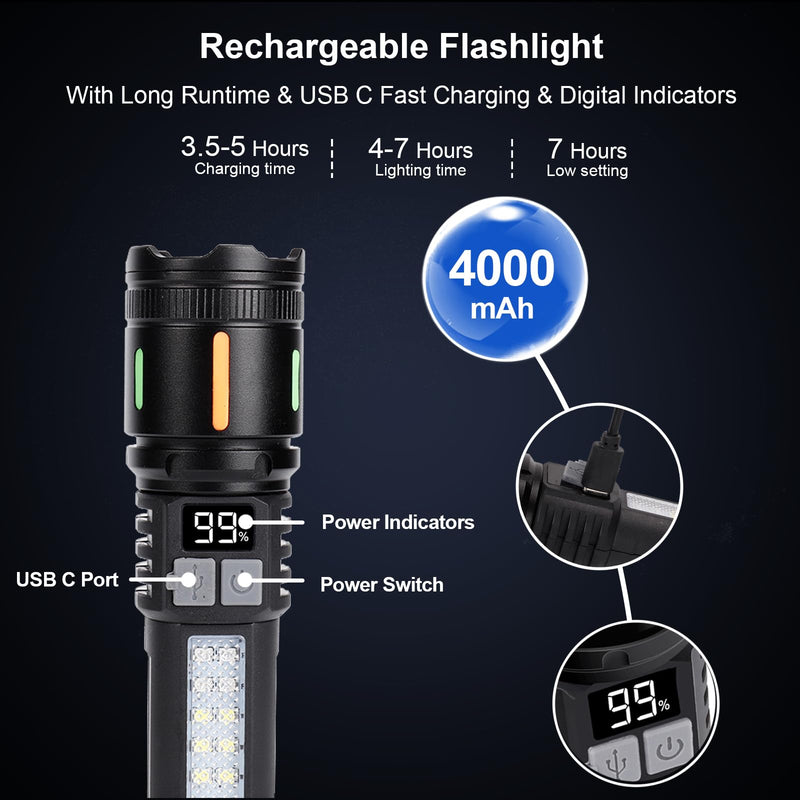 Flashlights High Lumens Rechargeable 3 Packs, 900,000L Handheld Tactical Led Flashlight High Powered with 5 Light Modes, Cob Side Light, USB C, Zoomable, Super Bright Flash light for Emergency Medium -3pcs