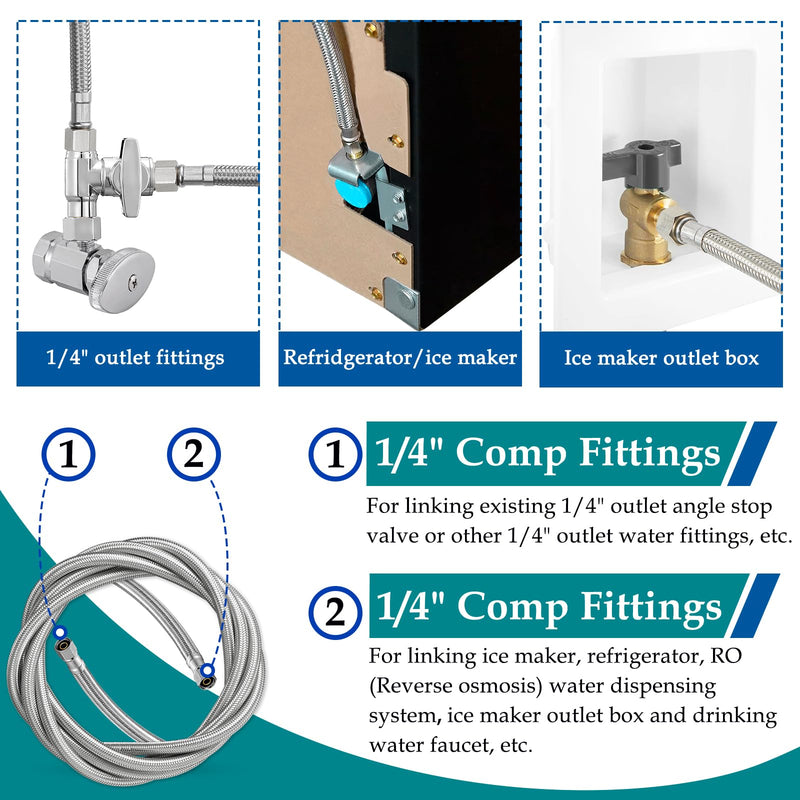 Refrigerator Ice Maker Water Line Kit - 10' Braided Stainless Steel Fridge Water Line with 1/4" Compression Fittings Pex Tubing Core and Water Splitter 10 Feet