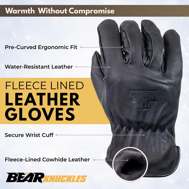 Bear Knuckles Insulated Leather Work Gloves D409, Midnight Black Fleece Lined Cowhide, Heavy Duty Work Gloves. Large