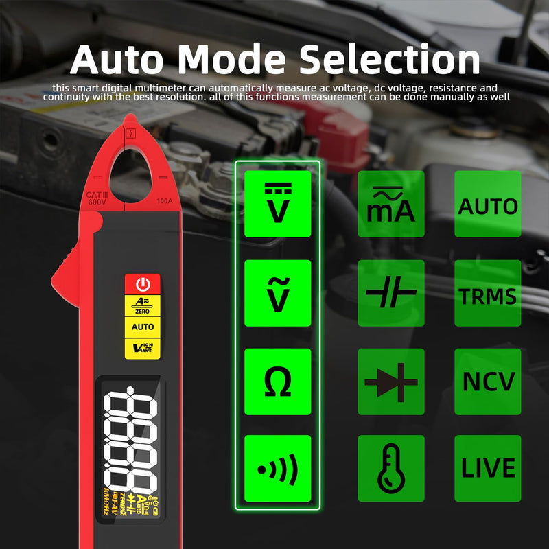 BSIDE 1mA Clamp Meter, DC/AC Current with Smart Mode, True RMS 6000 Counts Rechargeable Auto-Ranging Clamp Multimeter, Temperature Capacitance Diode Duty Cycle Hz Ohm Live Check V-Alert Voltage Tester