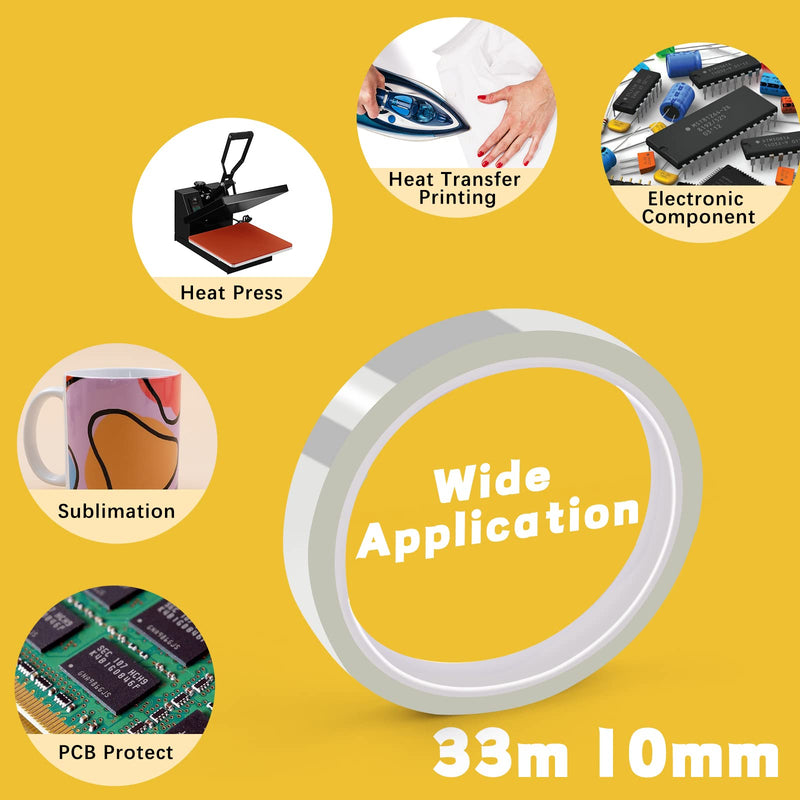 HTVRONT Heat Tape for Sublimation, 4 Rolls 10mm x33m 108ft Heat Resistant Tape for Heat Press, Heat Transfer Tape Thermal Tape for Electronics & Heat Vinyl Press Tape No Residue(Transparent) Transparent