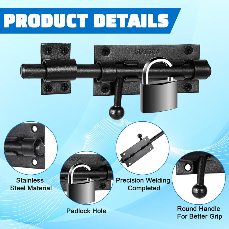 2 Pcs Slide Lock, 304 Stainless Steel Gate Latch, Slide Bolt Latch,Thickened Heavy Door Latch Lock, 6 Inch Black Barrel Bolt Latch, Security Slide Latch Lock